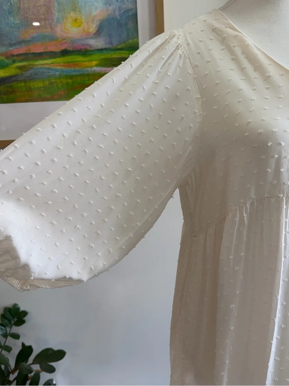 Monk & Lou Cream Swiss Dot Babydoll Dress V-Neck Balloon Sleeve Boho Ivory Small - Picture 1 of 8